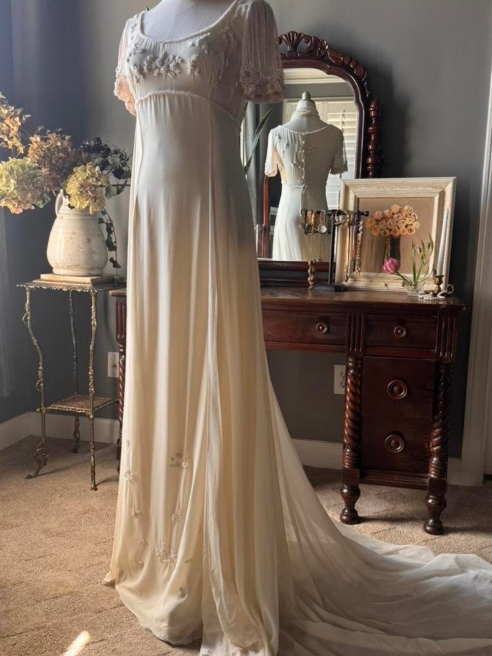 Vintage 60s 70s 90s Beaded Silk Italian Regency Wedding Dress Empire Waist Small